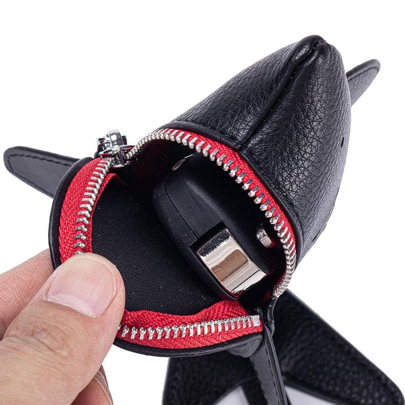 Shark Shaped Key Case - Genuine Leather Car Key Protective Bag with Zipper and Hook, Capacity Keychain for Adult (Red) - Image 4